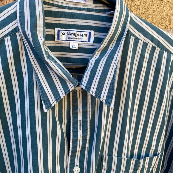 Vintage Yves Saint Laurent Striped Button Up Shirt XL White/Green - Picture 6 of 10